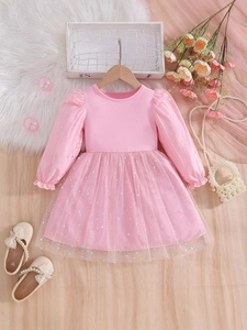 Long Sleeve Girls Princess Dress Silver Star Mesh Tulle Party Gown Soft Cotton Blend Lining For Toddler Kids Sweet Clothes