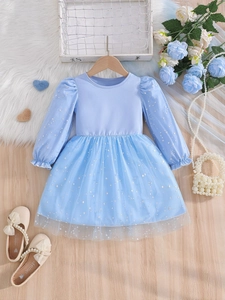 Light blue long sleeve princess dress for girls with silver star tulle and puff sleeves