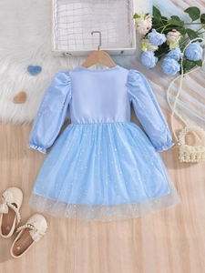 Light blue long-sleeved princess dress with star tulle skirt and frilled cuffs