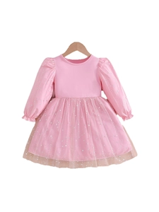 Pink long sleeve girls princess dress with silver star pattern and tulle skirt