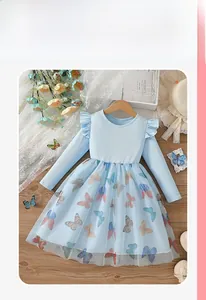 Detailed close-up of light blue girls' dress with butterfly mesh tulle and ruffle collar