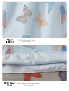 Detail of light blue mesh fabric with colorful butterfly prints and layered tulle skirt