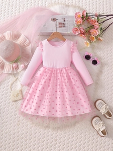 Girls Long Sleeve Princess Dress Polka Dot Mesh Tutu Ribbed Knit Patchwork Sweet Casual Autumn Spring Outfits