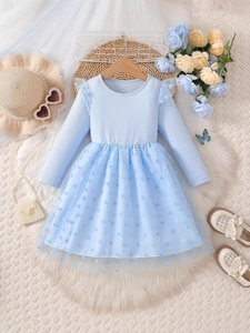 Light blue girls' long-sleeve princess dress with polka dot tulle skirt and ribbed knit top