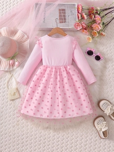 Pink knit long sleeve princess dress for girls with polka dot tulle skirt and ruffles
