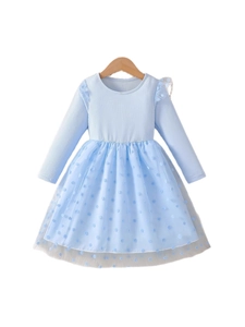 Light blue long sleeve dress for girls with ribbed bodice and polka dot tulle skirt