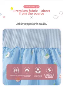 Détail de robe fille montrant la maille en coton et broderie florale sur tulle bleu