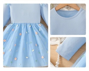 Détails de la robe bleu clair avec corsage en maille côtelée et tulle brodé de marguerites