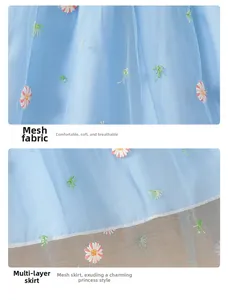 Détail de la robe en tulle bleu clair avec broderie marguerite et jupon multicouche