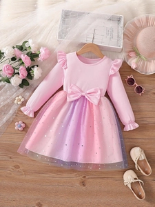 Girls Long Sleeve Princess Dress Gradient Rainbow Mesh Tulle Skirt With Bow Knot Star Moon Sequins Spring Autumn Kids
