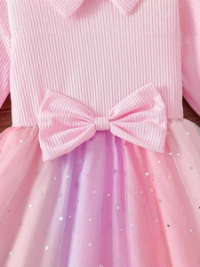 Pink girl's princess dress with butterfly bow and glittery rainbow tulle skirt