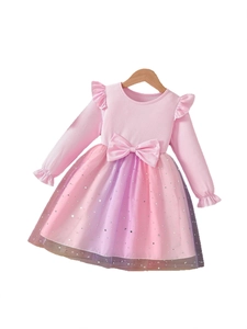 Pink long sleeve girls dress with rainbow gradient tulle skirt and star moon sequins