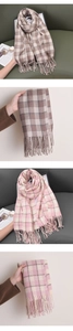 Detail view of plaid scarf with fringe trim in brown-beige and pink-white color schemes
