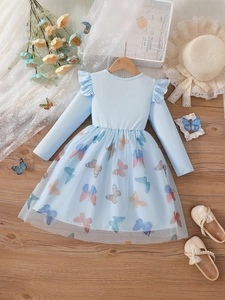 Blue long sleeve girls princess dress with ruffles and butterfly mesh skirt