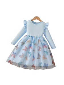 Girl's light blue knit dress with long sleeves and butterfly printed mesh skirt