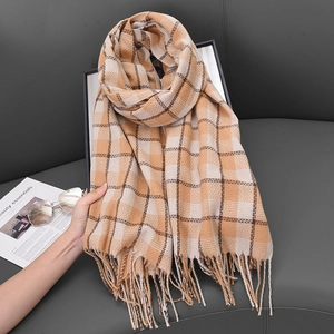 Classic check knit scarf with orange and beige patterns and fringe details for winter
