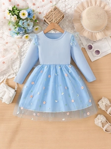 Robe en Tulle à Manches Longues pour Filles Avec Broderie de Marguerite Style Coréen Robe de Princesse Haut en Tricot Côtelé