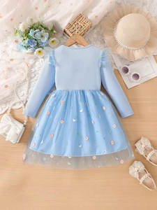 Robe en tricot bleue pour filles avec broderie marguerite et jupe tutu en tulle