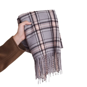 Classic plaid scarf in light grey with pink accents and soft fringe edges for winter