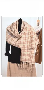 Detailed close-up of soft plaid scarf with tassels on a mannequin neck