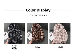 Color display of classic plaid scarves in black-white, coffee and khaki with tassel edges