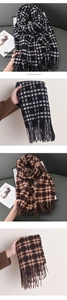 Detail view of the thick imitation cashmere plaid scarf with long fringe tassels