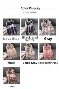 Detailed grid showing seven colors of oversized plaid scarves with fringe tassel edges