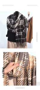 Detail of soft cashmere-like texture and fringed edges on houndstooth plaid scarves