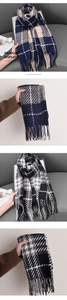 Close-up of houndstooth plaid imitation cashmere scarf with elegant hanging tassels