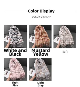 Detail view of five checkered scarves with tassels in various trendy color options