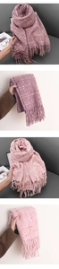 Detail view of thick winter scarves with classic plaid patterns and tassel edge textures