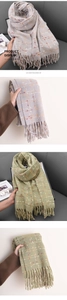 Macro detail of imitation cashmere plaid scarf with long tassels and soft texture