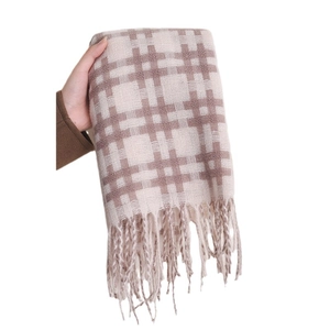Classic plaid checkered scarf in soft pink and beige with decorative fringe trim