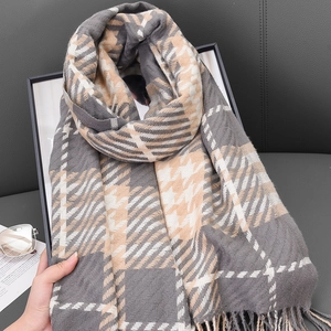 Classic grey and beige houndstooth cashmere-like scarf with fringe and plaid patterns