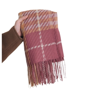 Pink and beige houndstooth scarf with tassels, warm winter shawl for women