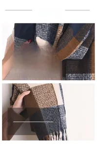 Close-up of soft plaid scarf fabric with blue and brown patterns and fringe details