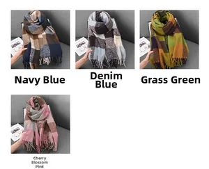 Detail view of plaid cashmere-feel scarves in navy, denim blue, green and pink with tassels