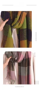 Detail of plaid imitation cashmere scarf with tassels showing texture and dual color options