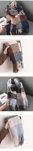 Detail of soft imitation cashmere plaid scarf with fringe tassels in vintage colors