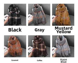 Macro display of tassel shawls in six colors with classic grid patterns and fringe detail