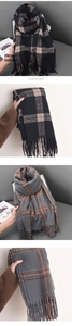 Detail showing the thick soft brushed texture and fringed edges of plaid scarves