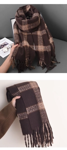 Detailed view of thick plaid scarf with soft tassels in brown and beige tones