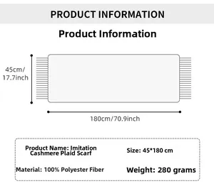 Technical drawing showing 45x180cm size and 100% polyester cashmere-feel scarf specs