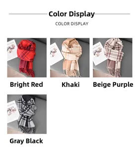 Color display of plaid scarves in red, khaki, purple, and grey with tassel edges