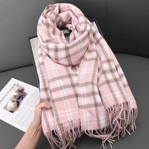 Pink and white plaid thick cashmere-like scarf with fringe tassels for winter warmth
