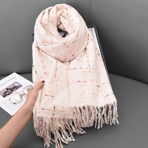 Faux cashmere scarf with orange and burgundy plaid pattern and fringe tassels for winter