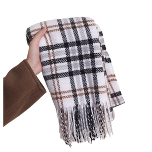 Classic checkered long scarf with thick cashmere feel and tassels on white background