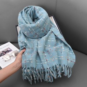 Elegant blue plaid scarf with long tassels and soft cashmere-feel fabric for winter warmth