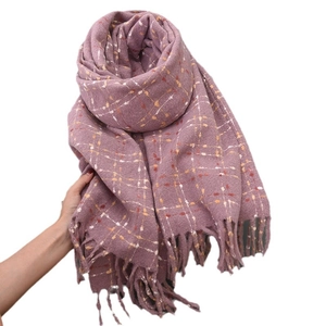 Thick purple cashmere-feel scarf with yellow grid pattern and fringe for winter warmth