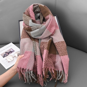 Women Plaid Scarf Thick Imitation Cashmere Tassel Shawl Color Block Warm Checkered Winter Wrap For Daily Outdoor Commute